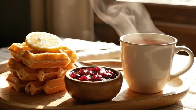 Warm breakfast scene with a stack of waffles lemon slice jam and a steaming mug of tea on a wooden tray in natural morning light