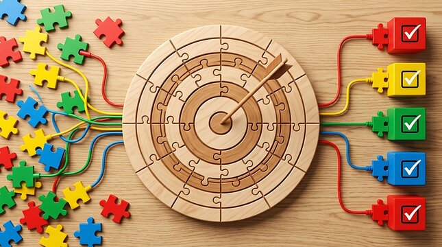 Scattered colorful puzzle pieces connecting into a circular wooden dartboard with an arrow and checkmark blocks, symbolizing strategic goal alignment.