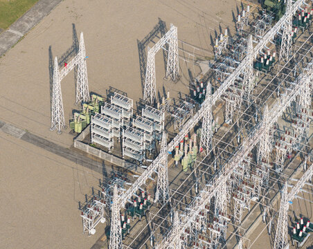Aerial View High Voltage Electrical Substation Power Grid