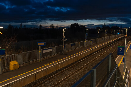 Early Morning Scene at Empty Train Station in Dublin Before Dawn