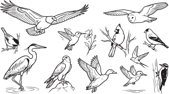 Bird species line art collection featuring eagle owl hummingbird heron cardinal hawk and duck sketches