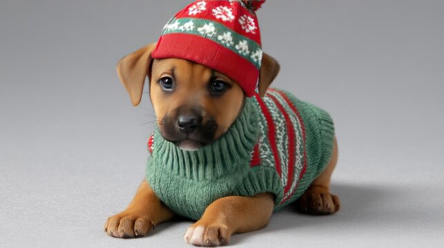 Cute puppy wearing festive holiday sweater and hat, celebrating winter season in cheerful attire