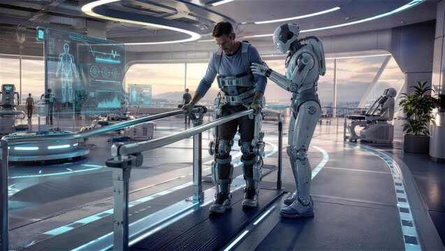 Future of Rehabilitation: A man in an advanced exoskeleton suit undergoes physical therapy with the assistance of a humanoid robot in a futuristic medical facility.