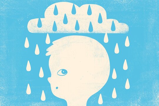 Child&rsquo;s head with a sad expression and rain cloud
