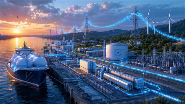 Energy Hub at Sunset: A vast industrial complex with a ship, storage tanks, and wind turbines operates efficiently under a vibrant sunset sky.