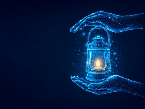 Digital low poly hands holding a glowing lantern. world refugee day. low poly safe home in peace with protection guidance illumination. world refugee day. low poly safe home in peace