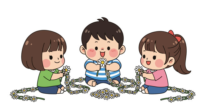 Three children playing with tangled strings joyfully together.