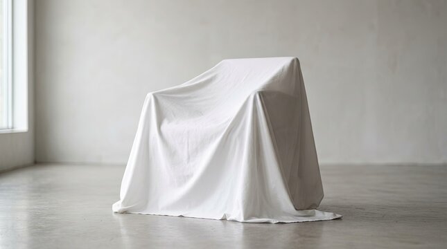 A white chair is covered with a white sheet. The sheet drapes over the chair, obscuring its form.