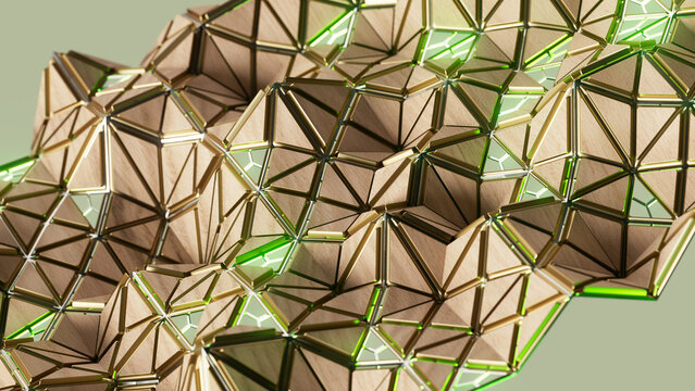 Geometric wood surface with green light accents