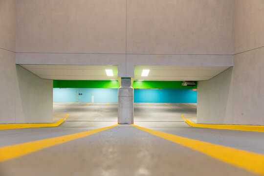 Low angle Entrance Modern Parking Garage Nobody