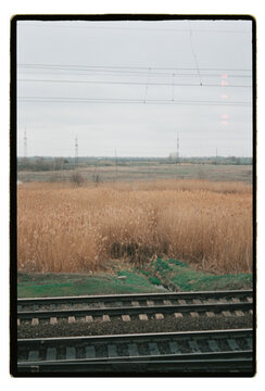 Film Photo &ndash; Railway Tracks Through Dry Reed Field with Pylons