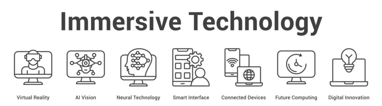Immersive Technology web banner icon set vector illustration concept for business with icon of Virtual Reality, AI Vision, Neural Technology, Smart Interface, Connected Devices, Future Computi.