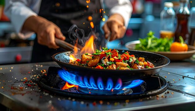 Chef tosses ingredients in a hot pan, flames erupting, spices sprinkled on a stainless steel surface