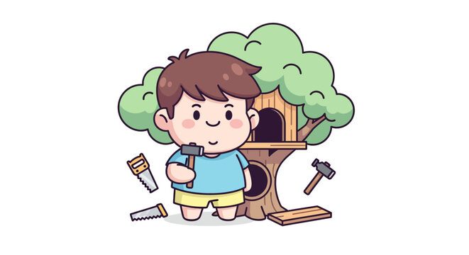 Young boy building a small treehouse with tools.