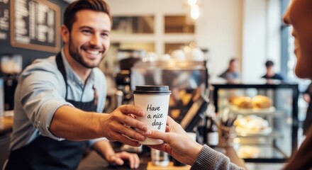 Fototapeta premium Friendly Barista Handing Takeaway Coffee Cup with Have a Nice Day Message to Customer in Modern Cafe