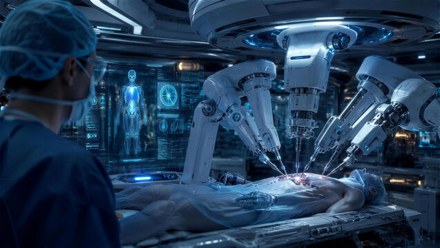 Robotic Surgery Future: A surgeon in scrubs oversees a complex robotic surgery, with advanced medical technology and holographic displays enhancing the precision of the procedure.