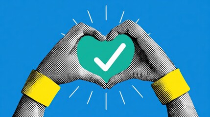 Fototapeta premium Vibrant halftone graphic of black-white dotted hands with yellow wrist cuffs creating central heart frame, solid teal green field with inner white checkmark and outward radiant white