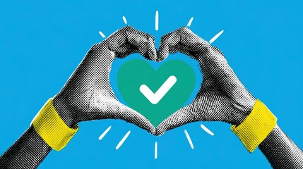 Naklejka premium Vibrant halftone graphic of black-white dotted hands with yellow wrist cuffs creating central heart frame, solid teal green field with inner white checkmark and outward radiant white