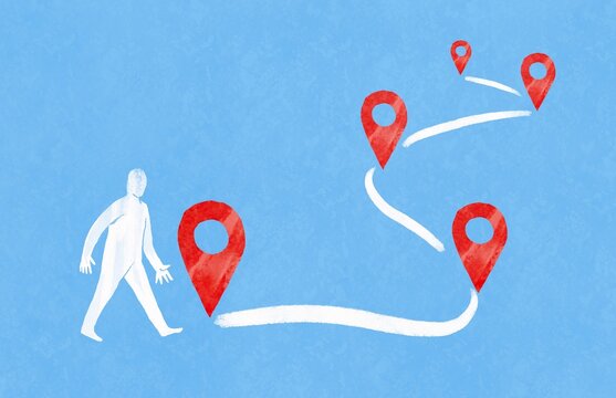 Person start his way by   Location Pins &ndash; Journey and Goal Concept