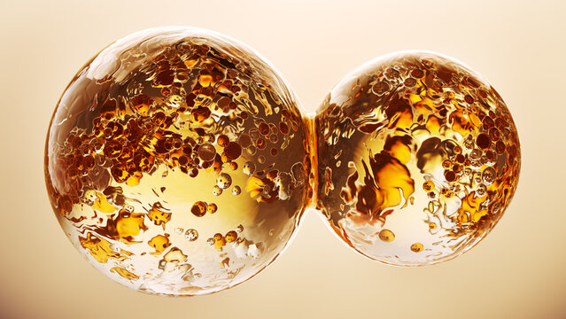 Abstract golden bubbles inside connected glass spheres