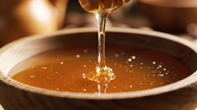 Golden honey dripping from a wooden dipper into a rustic bowl in slow motion