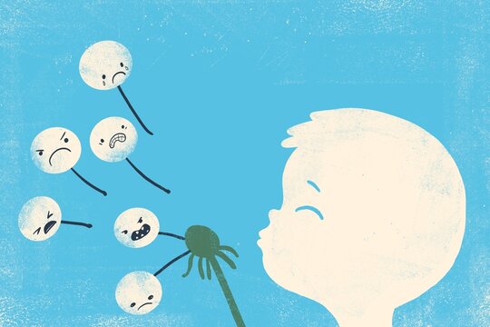 Child&rsquo;s head blowing dandelion with bad emotions.
