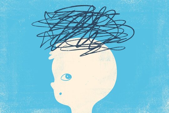Child&rsquo;s head blowing with tangled scribble above the head
