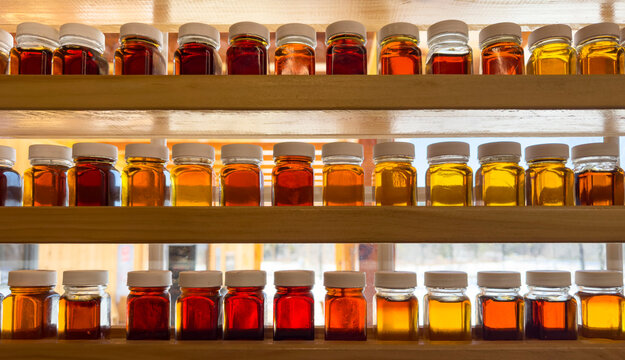 New England Maple Syrup Grade Display row in Window 