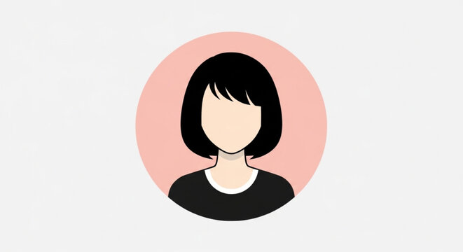 Flat Design Faceless Woman with Black Bob Hair in Black Top Pink Circle