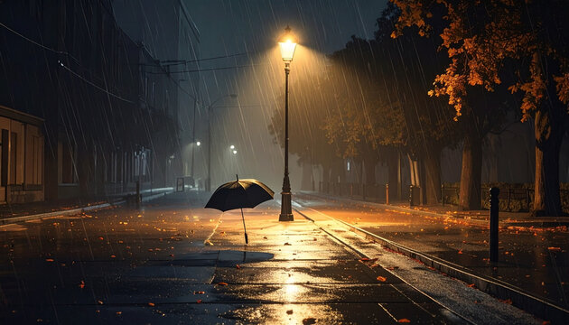 Rainy city street with lone umbrella at night