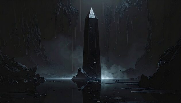 Mysterious ancient obelisk in dark cave with fog