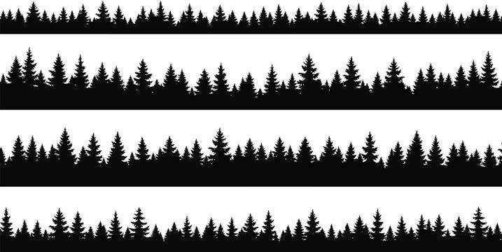Black pine forest silhouette borders set with conifer tree outlines for nature backgrounds and landscape design vector illustration
