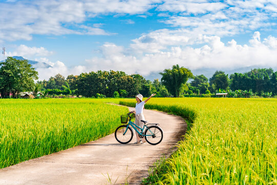 Young happy woman tourist enjoying and riding a bicycle in paddy field while traveling at Nan, Thailand