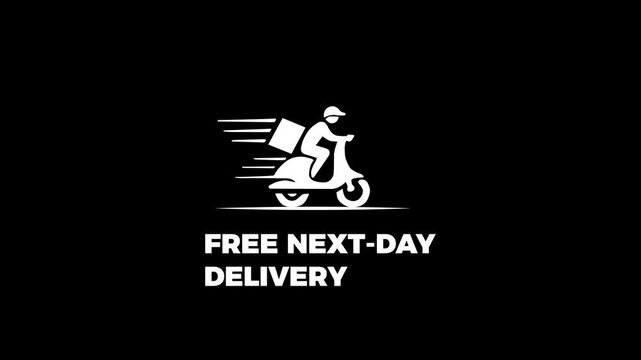 Free next-day delivery boy riding scooter animation on black background