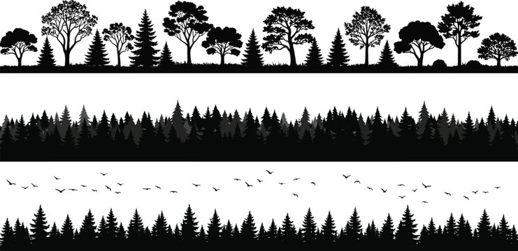 Forest tree silhouette horizontal borders set with pine and deciduous trees and flying birds vector illustration for nature backgrounds