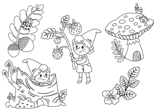 Forest Gnome Clipart Collection, Mushroom House, Oak Leaves, Acorns and Strawberry Plant Black and White Vector Illustration