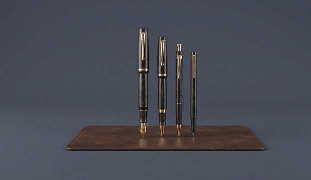 Set of Artisanal Ebonite Writing Instruments on Leather Desk Mat on Muted Charcoal Background