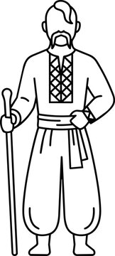 Line Art Cossack Man with Moustache Holding Staff, Traditional Ukrainian Warrior