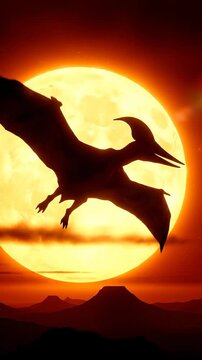 Silhouette of a flying pterosaur against a large moonlit sky.