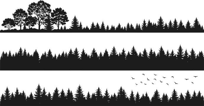 Forest treeline silhouettes with pine and deciduous trees including flying birds for nature landscape design vector