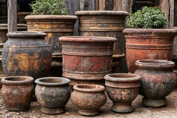 Obraz premium Terracotta pots arranged with weathered textures in a rustic garden setting in a sharp outdoor shot for landscaping and garden center marketing