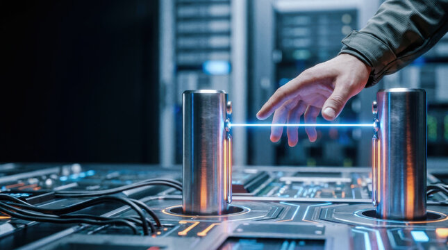 Hand touching blue light beam between metal pillars on futuristic control panel in technology lab