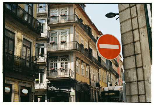 Historic Porto street with tiled facades balconies and urban details
