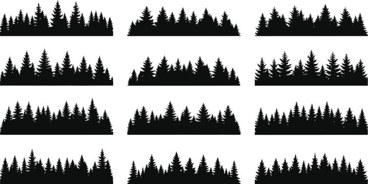 Set of black pine forest treeline silhouettes for nature landscape backgrounds and outdoor adventure graphic design vector elements