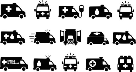 Ambulance blood bank van emergency vehicle silhouettes vector icon set isolated © raccoontail