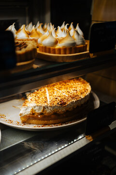 Assorted desserts in a bakery display