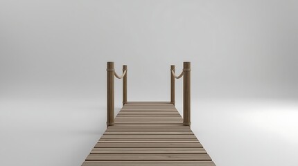 Naklejka premium Wooden dock extending into the distance with rope railings and a bright background.