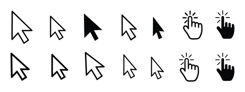 Flat cursor icon set featuring computer mouse pointers, arrow and hand gesture icons for clicked and non-clicked states