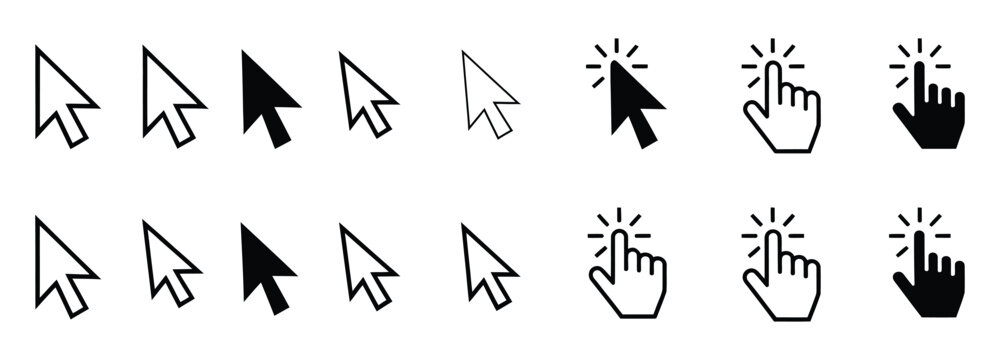 computer cursor icon set with arrow and hand gesture pointers for clicked, hover, and interaction