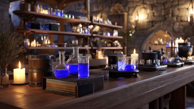 Mysterious Alchemy Laboratory with Colorful Potions and Candles in a Dark Stone Room